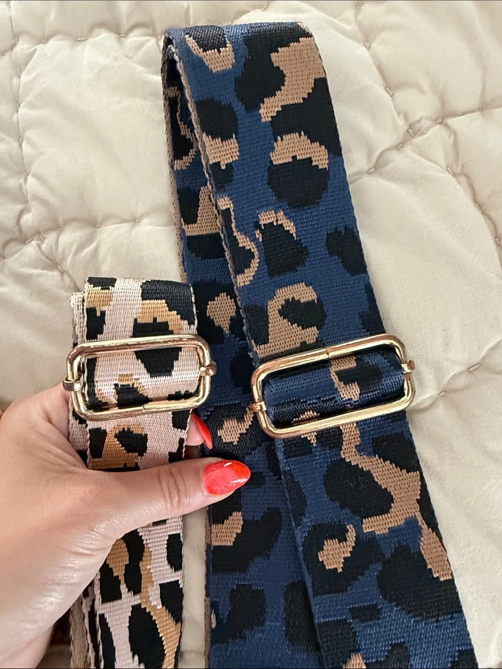 Adjustable Leopard Print Guitar Bag Strap in Tan/Black/Blue